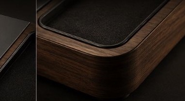 Close-up of Slumber One's solid walnut edge and felt-lined valet tray